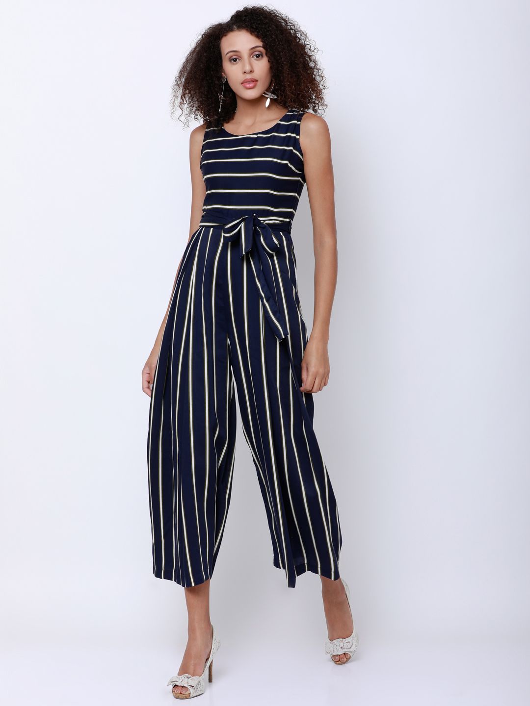 Tokyo Talkies Navy Blue & White Striped Culotte Jumpsuit Price in India