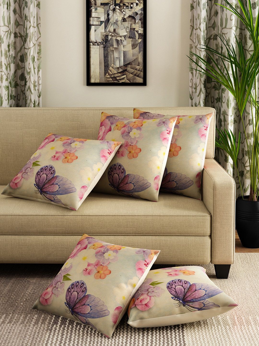 ROMEE Multicoloured Set of 5 Floral Square Cushion Covers Price in India