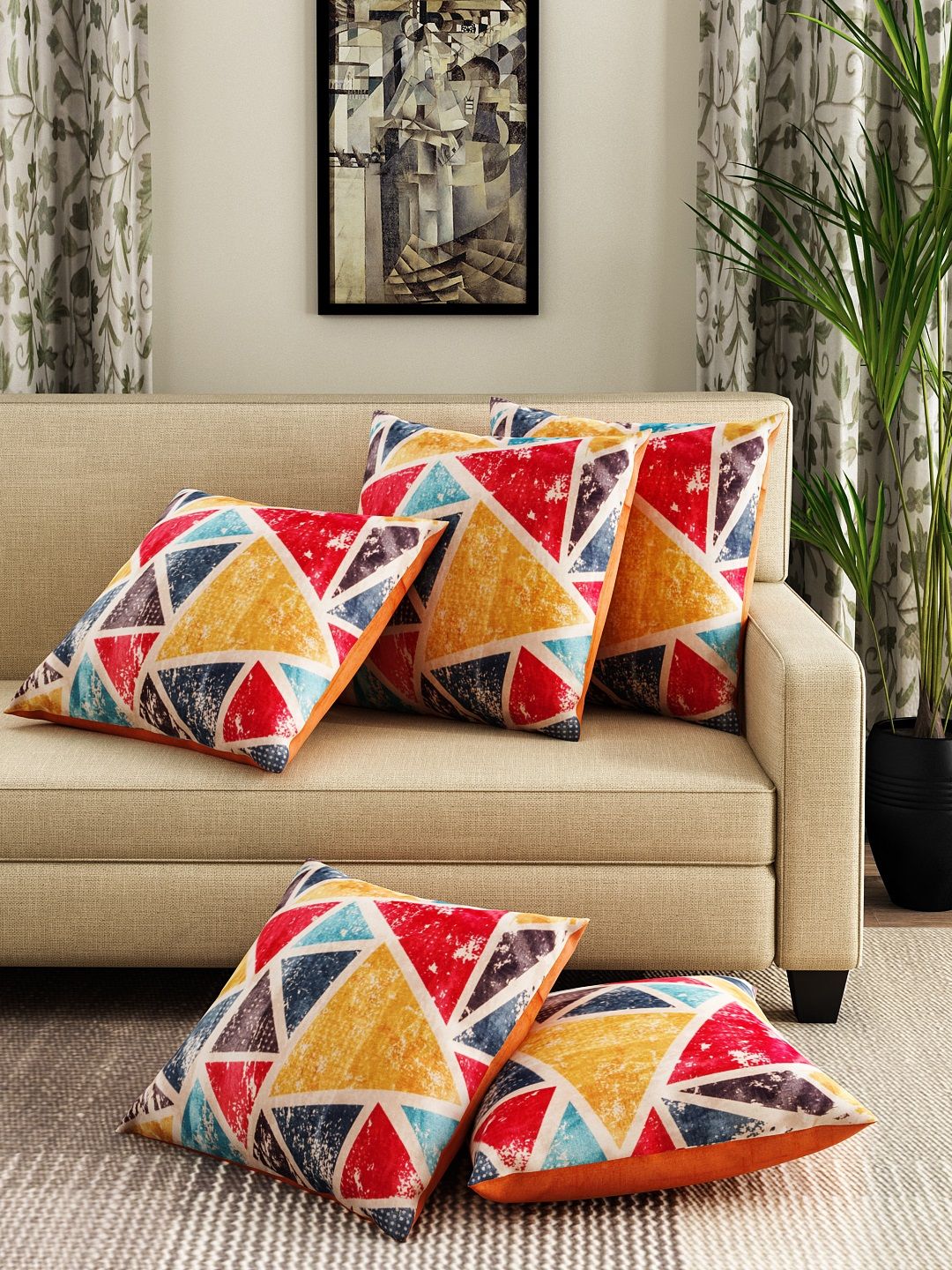 ROMEE Multicoloured Set of 5 Geometric Square Cushion Covers Price in India