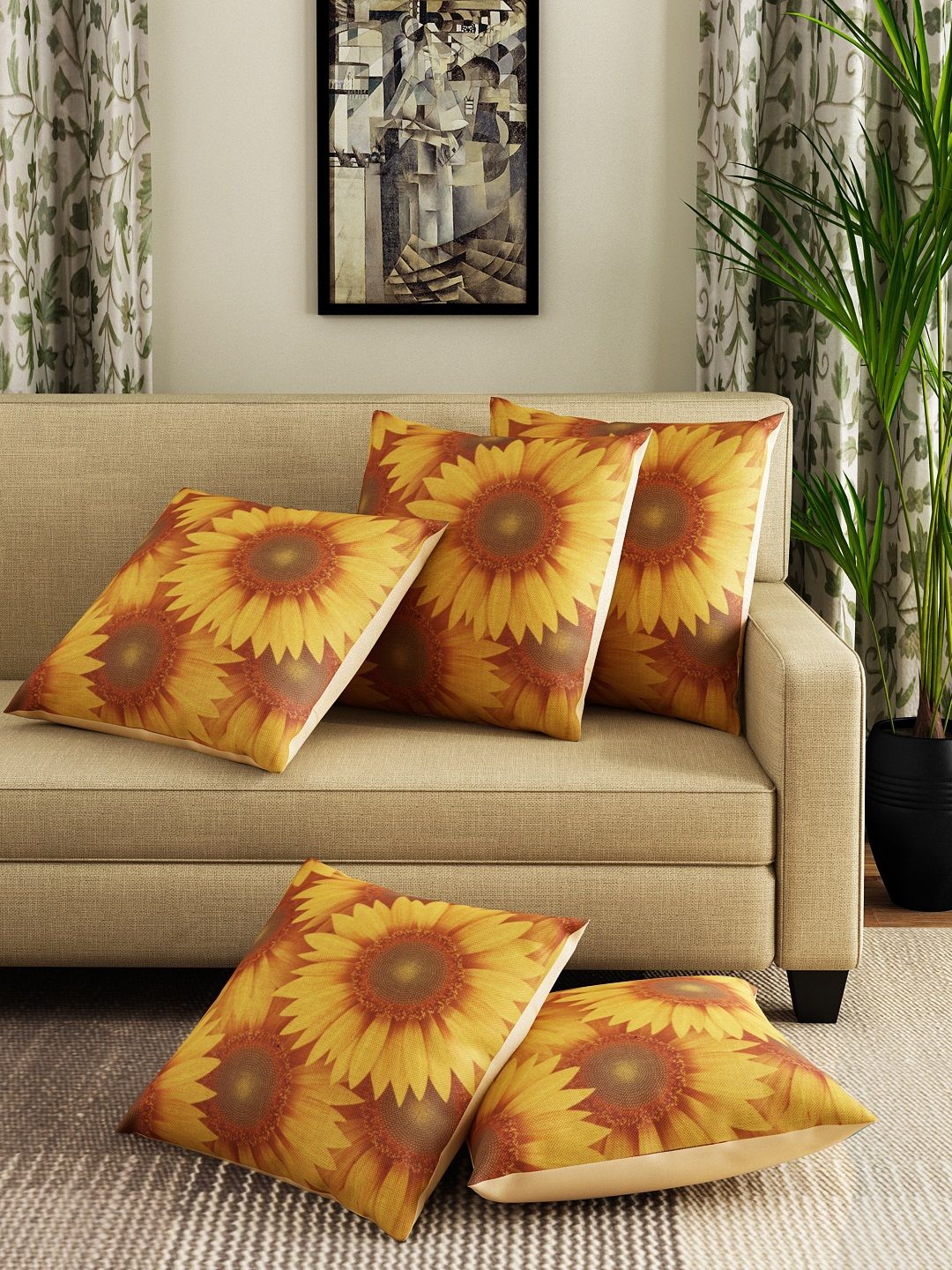 ROMEE Yellow Set of 5 Floral Square Cushion Covers Price in India