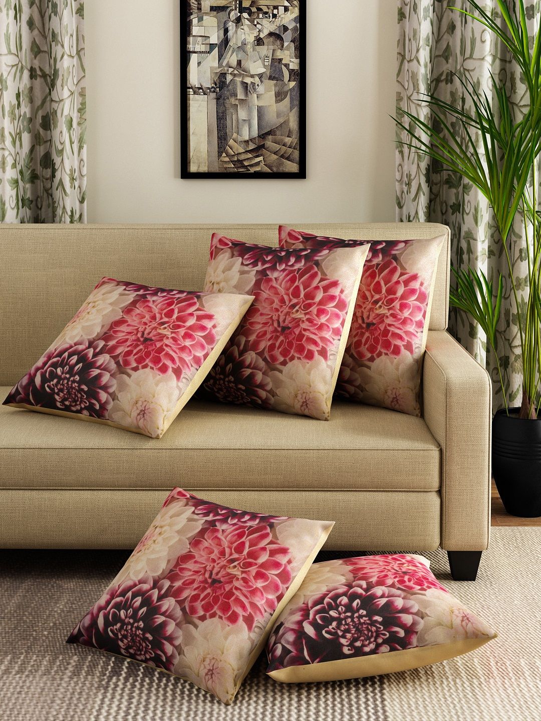 ROMEE Multicoloured Set of 5 Floral Square Cushion Covers Price in India