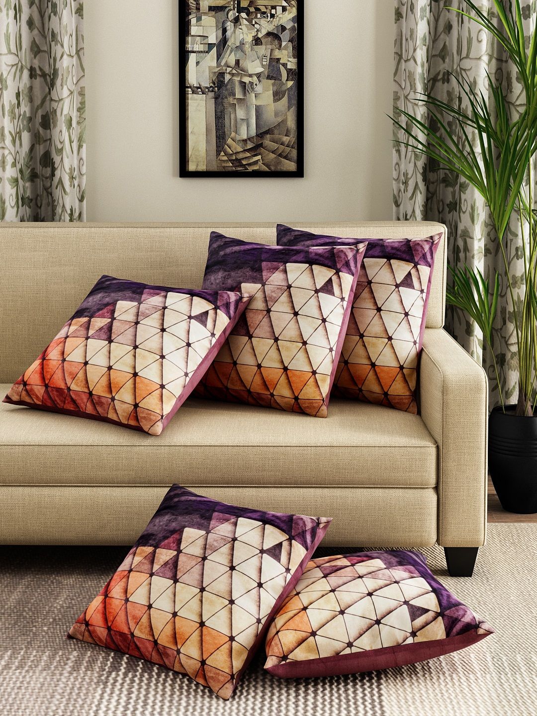 ROMEE Beige Set of 5 Geometric Square Cushion Covers Price in India