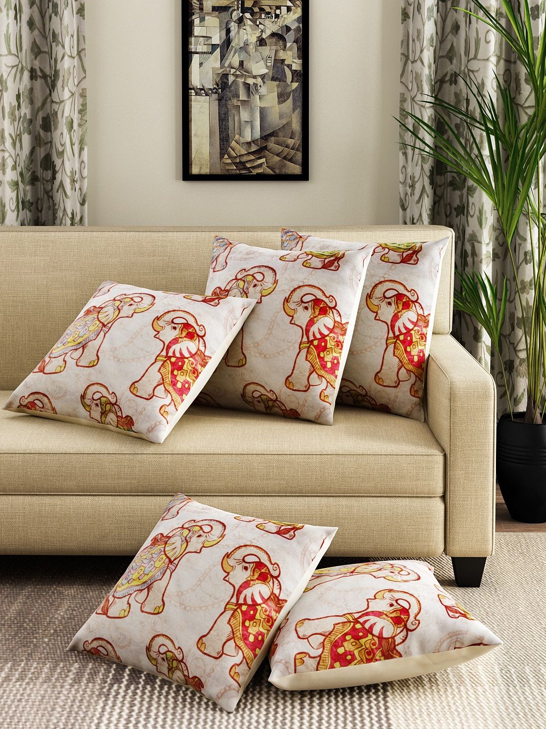 ROMEE Off-White Set of 5 Ethnic Motifs Square Cushion Covers Price in India