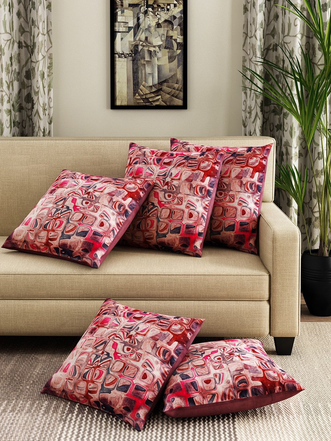 ROMEE Red Set of 5 Geometric Square Cushion Covers Price in India