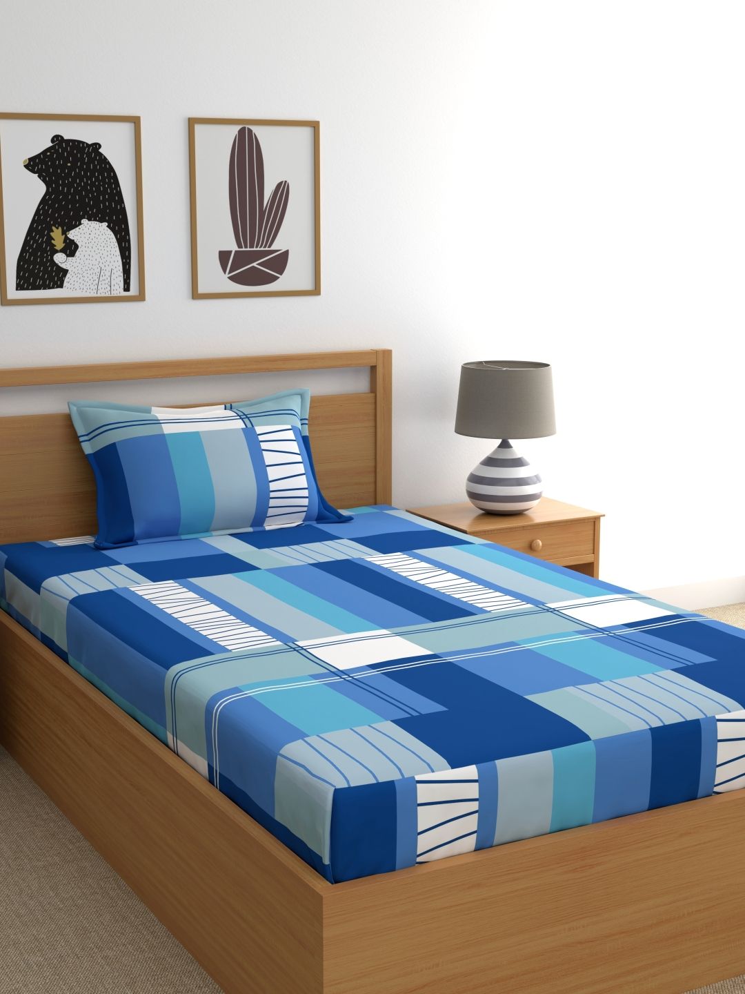 Dreamscape Blue Geometric Flat 144 TC Cotton 1 Single Bedsheet with 1 Pillow Cover Price in India