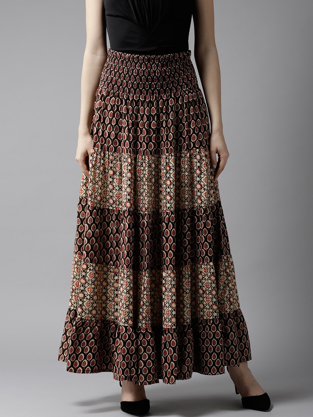 HERE&NOW Coffee Brown & Beige Ethnic Print Maxi Tiered Skirt Price in India