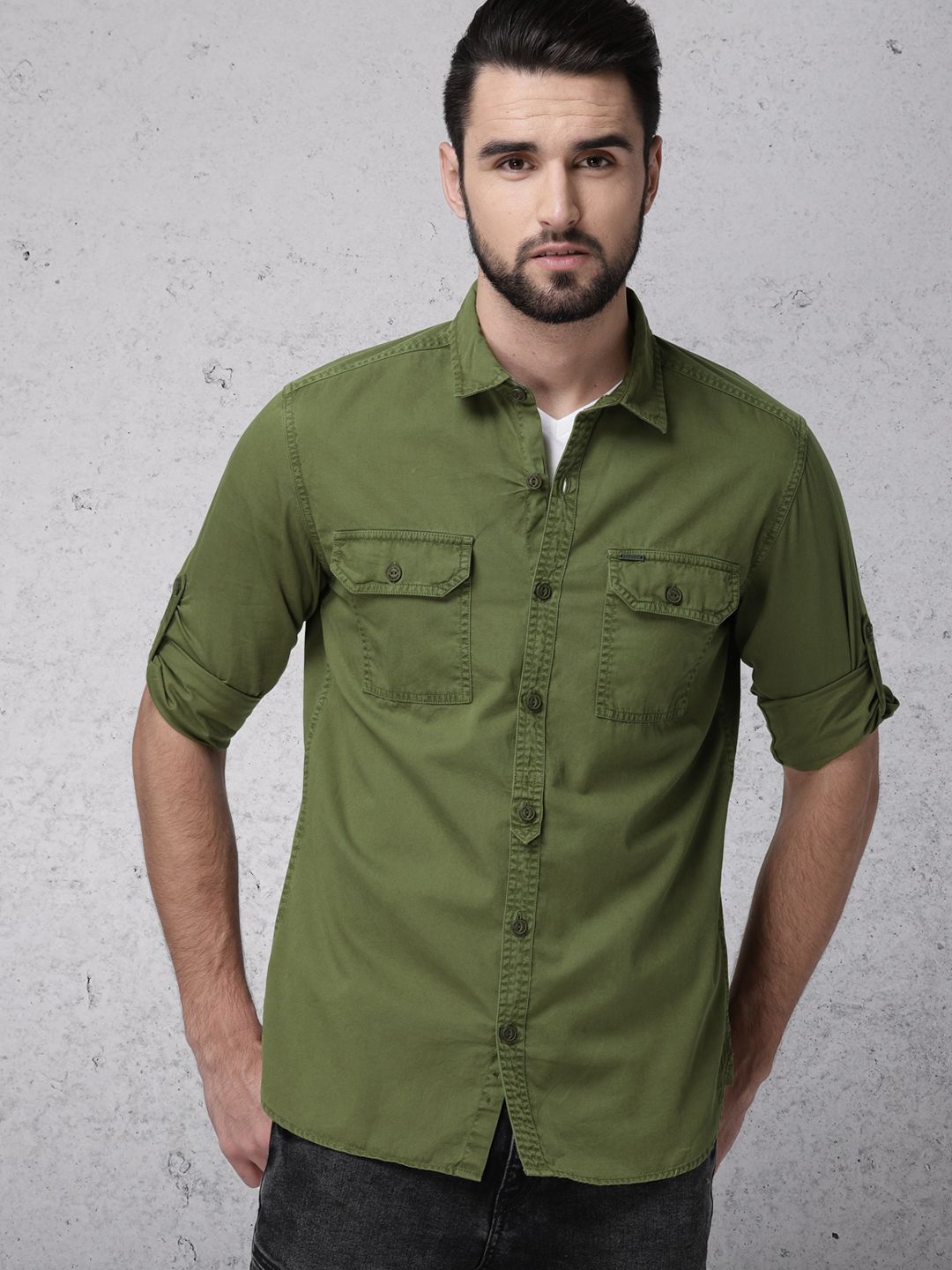 Ecko Unltd Men Olive Green Slim Fit Solid Casual Shirt