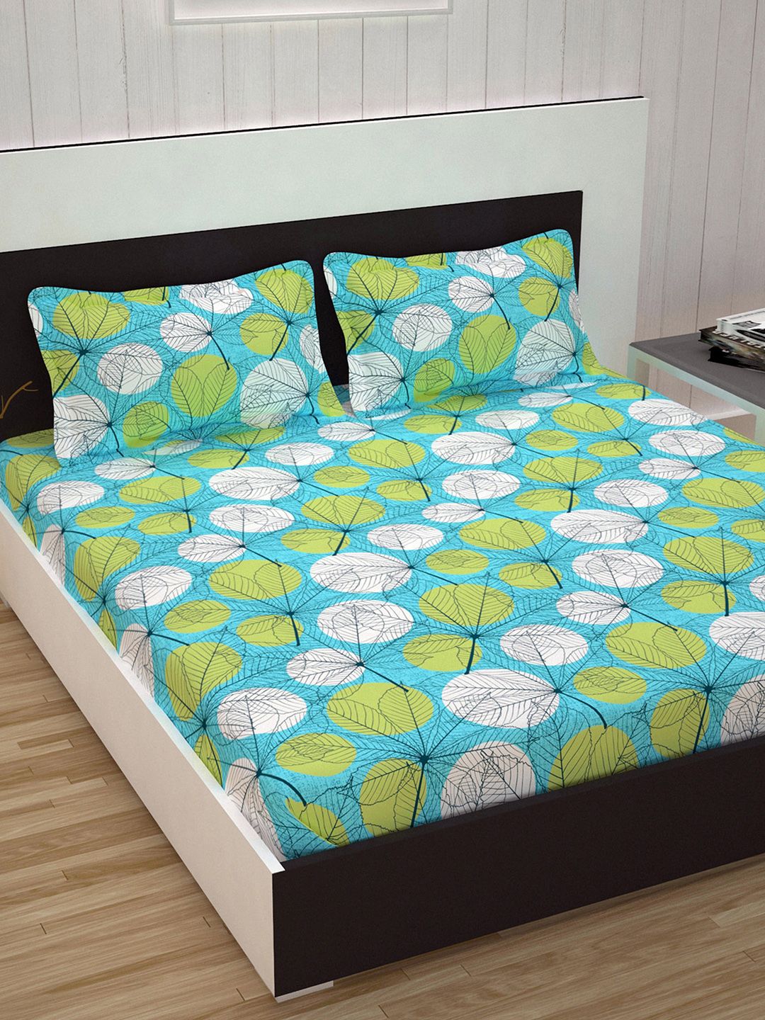 Divine Casa Turquoise Blue & Green Ethnic Motifs Flat 144 TC Cotton 1  Queen Bedsheet with 2 Pillow Covers Price in India
