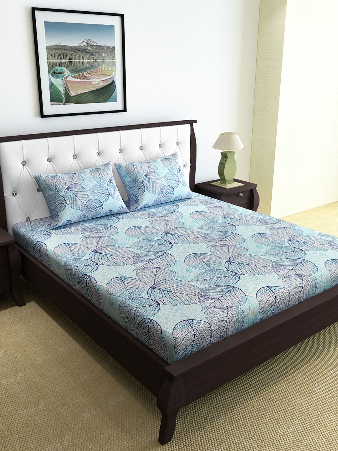Divine Casa Blue & Peach-Coloured Ethnic Motifs Flat 144 TC Cotton 1  Queen Bedsheet with 2 Pillow Covers Price in India