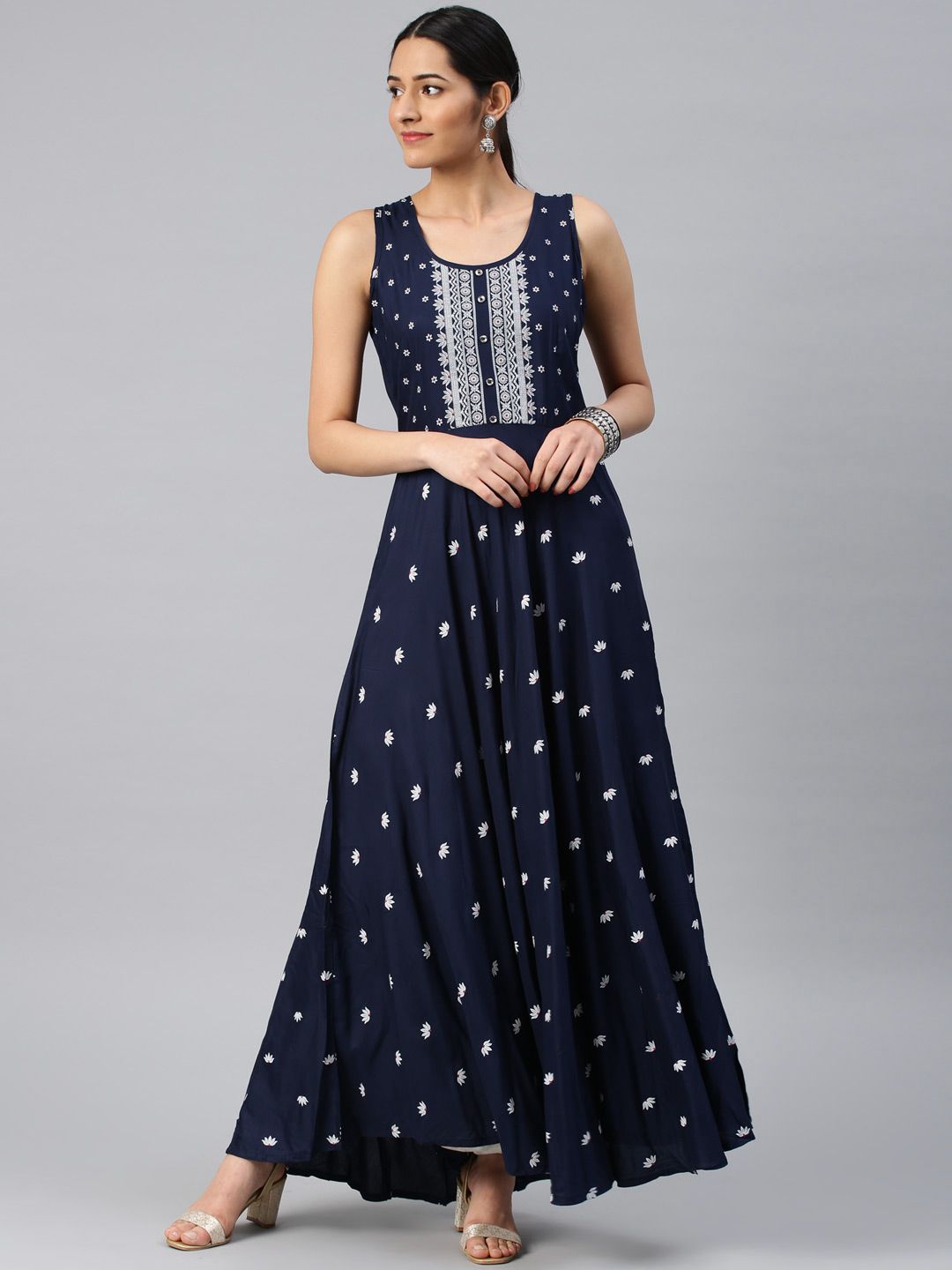 Vishudh Women Navy Blue Printed Anarkali Kurta Price in India