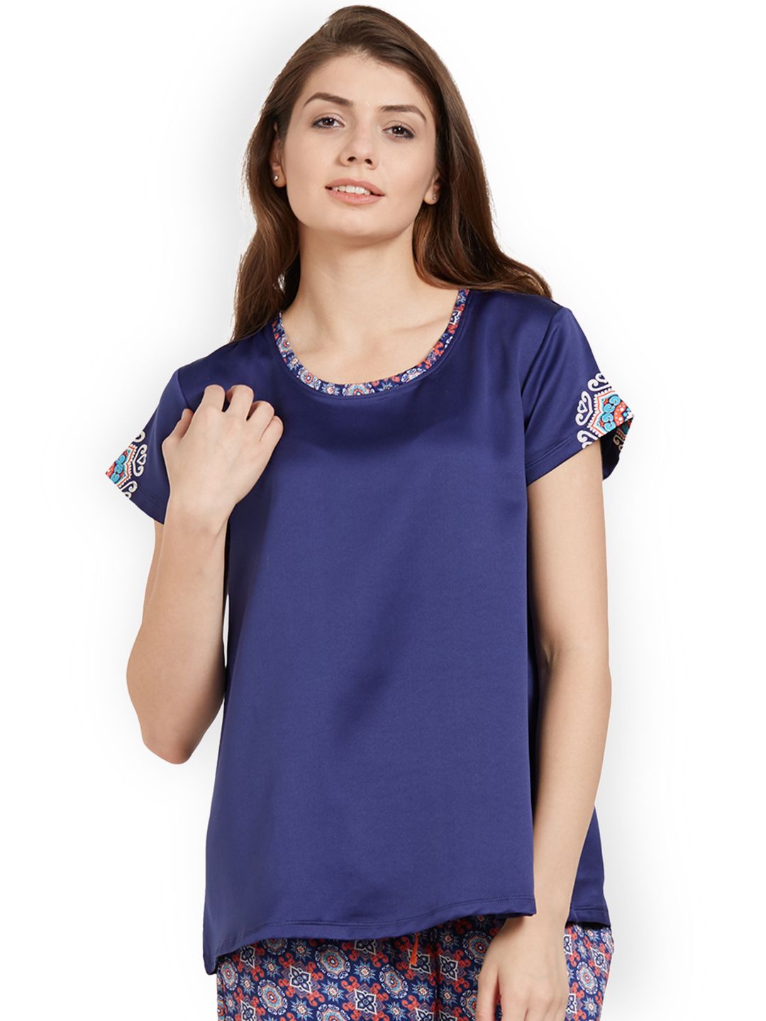 Soie Women Solid Navy Blue Lounge Top Price in India