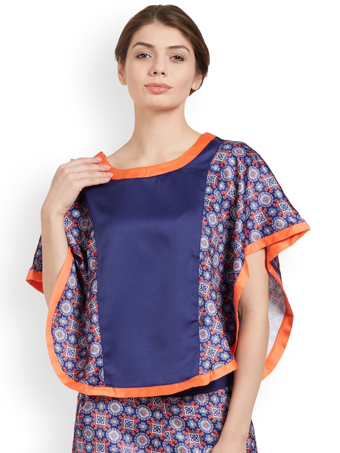 Soie Women Navy Blue and Orange Poncho Panelled Lounge Top NT-69 TOPIE-1 Price in India
