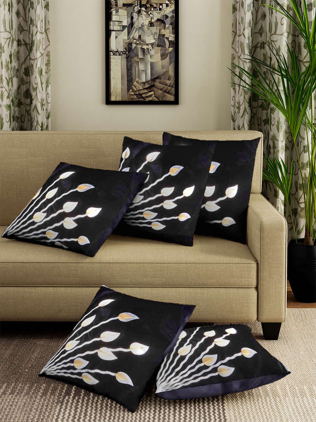 ROMEE Black Set of 5 Floral Square Cushion Covers Price in India