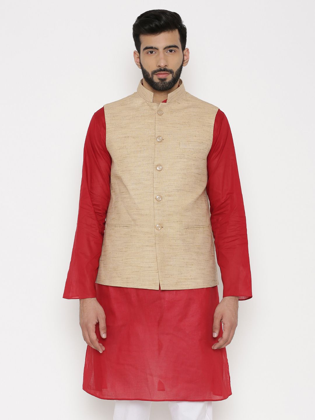 Wintage Men Beige Woven Design Nehru Jacket