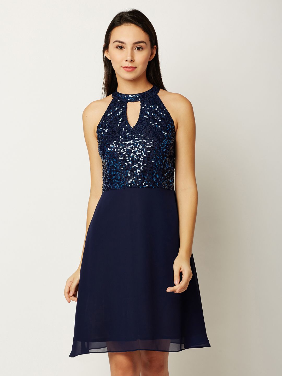 Miss Chase Women Navy Blue Embellished Fit and Flare Dress Price in India