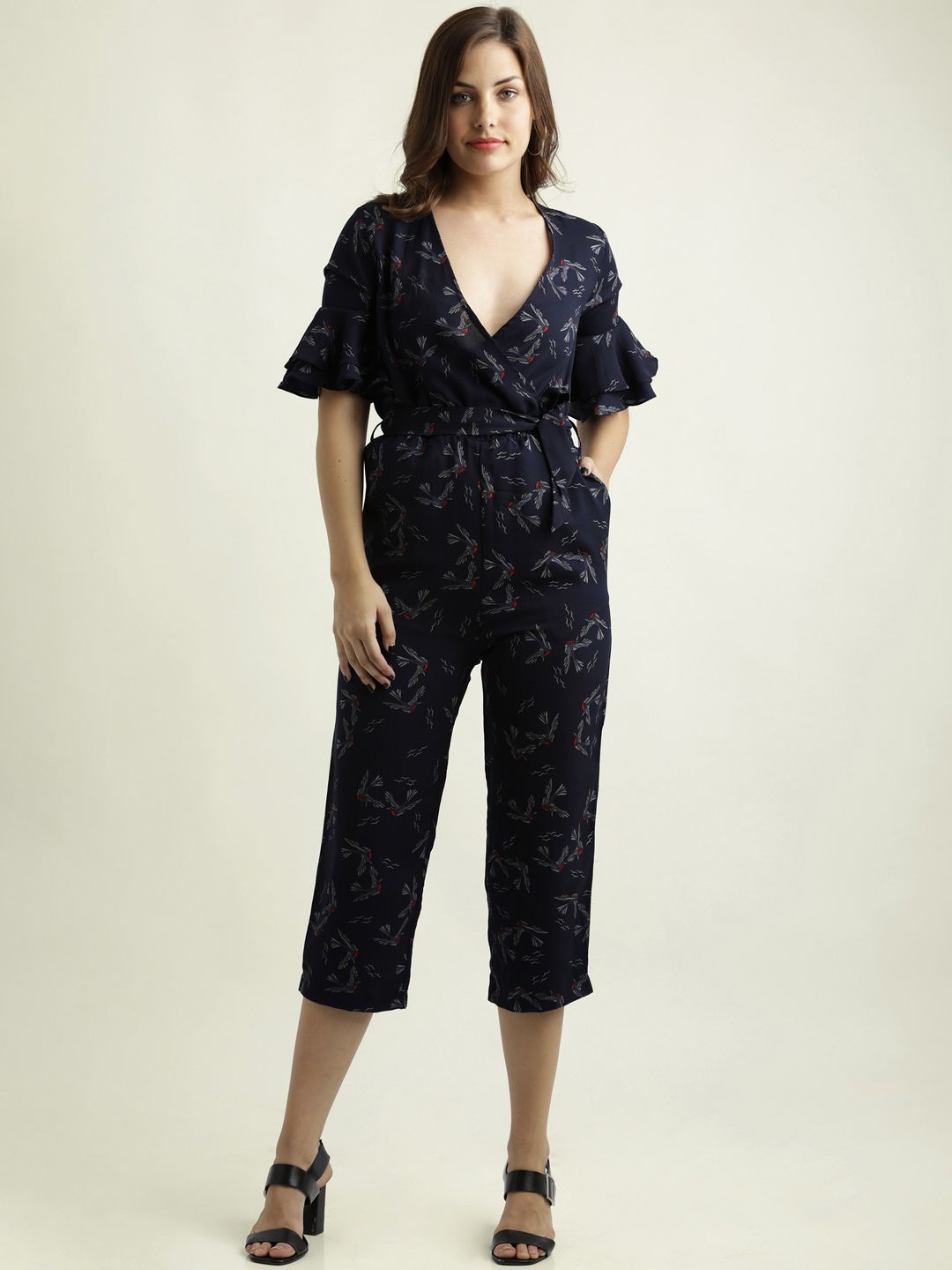 Miss Chase Navy Blue Printed Capri Jumpsuit Price in India