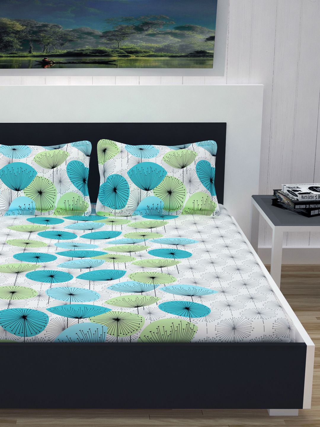 Divine Casa Off-White & Turquoise Blue Floral Flat 144 TC Cotton 1  Queen Bedsheet with 2 Pillow Covers Price in India