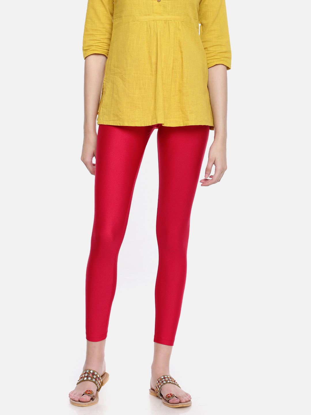 Go Colors Women Red Solid Skinny Fit Shimmer Ankle-Length Leggings Price in India