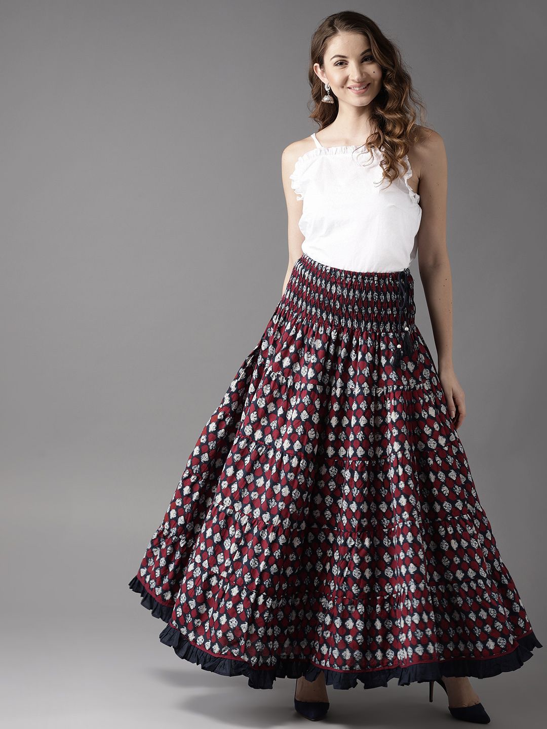 HERE&NOW Bottoms Up High-Waisted Tiered Maxi Pure Cotton Skirt Price in India