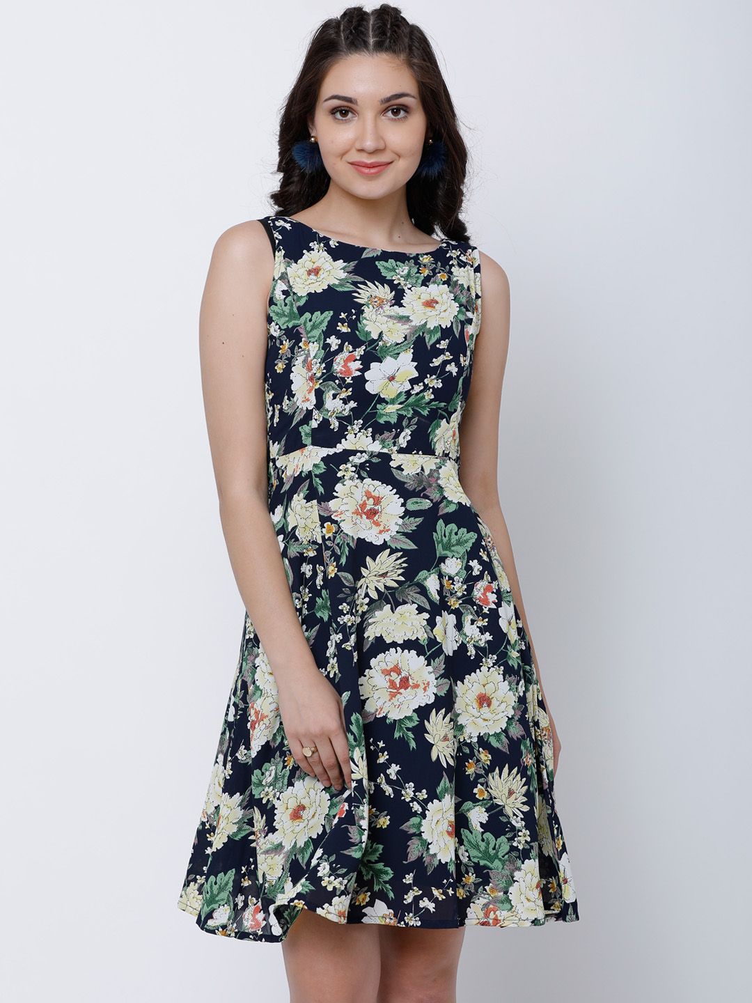 tokyo talkies navy blue printed dress
