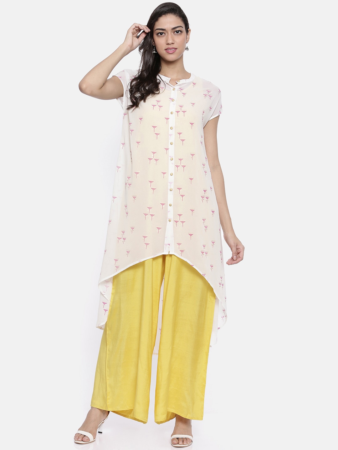 Global Desi Women Off-White & Yellow Printed Shirt with Palazzos Price in India