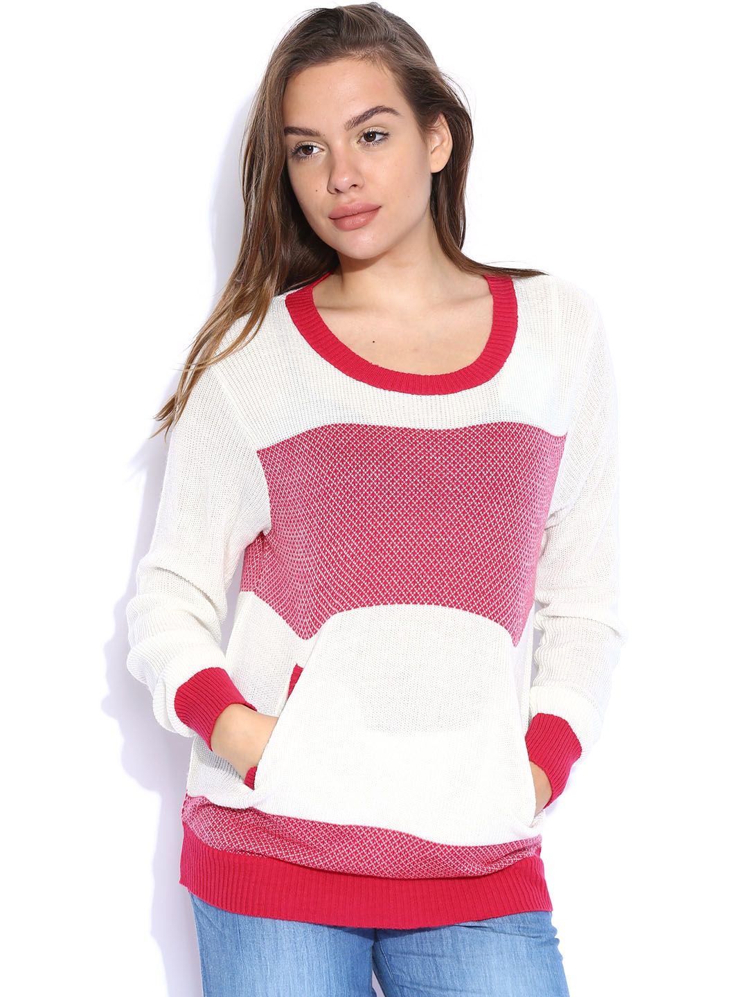 Flying Machine Pink & Off-White Sweater Price in India