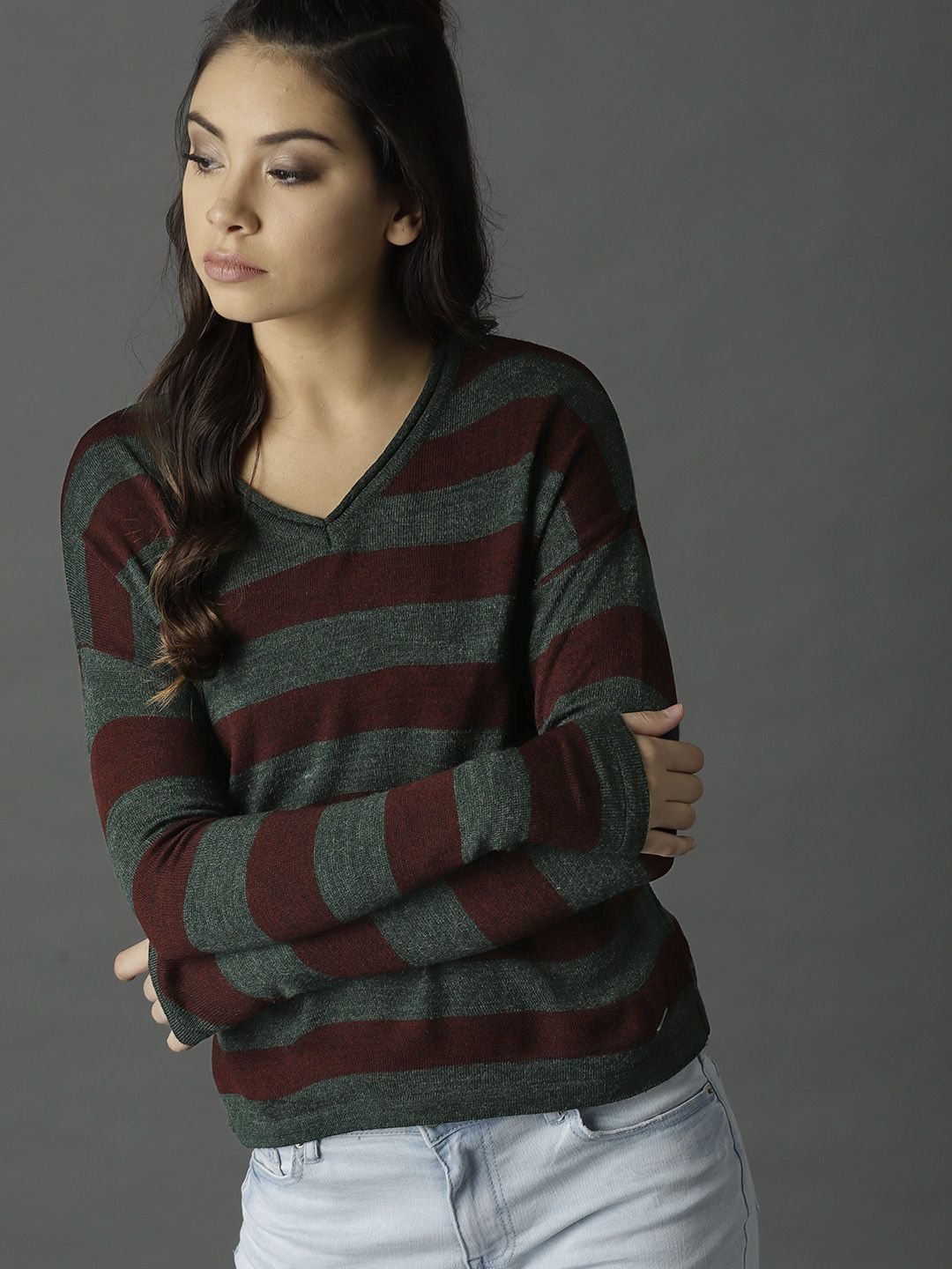 Roadster Women Green & Maroon Striped Pullover Price in India