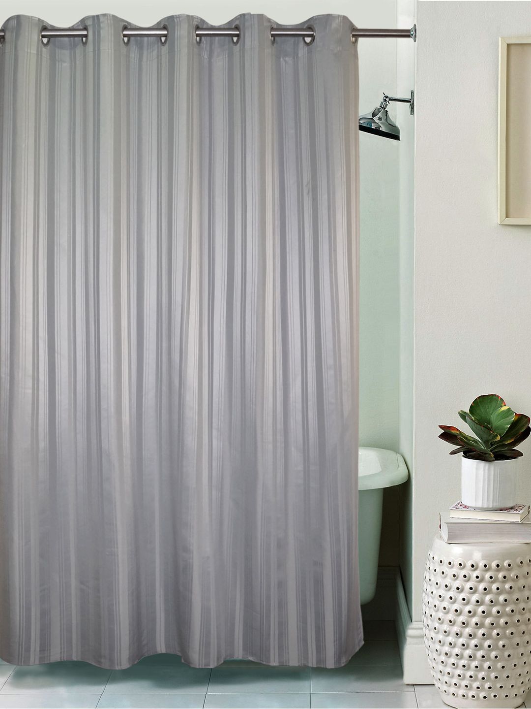 Lushomes Striped Grey Polyester Shower Curtain Price in India