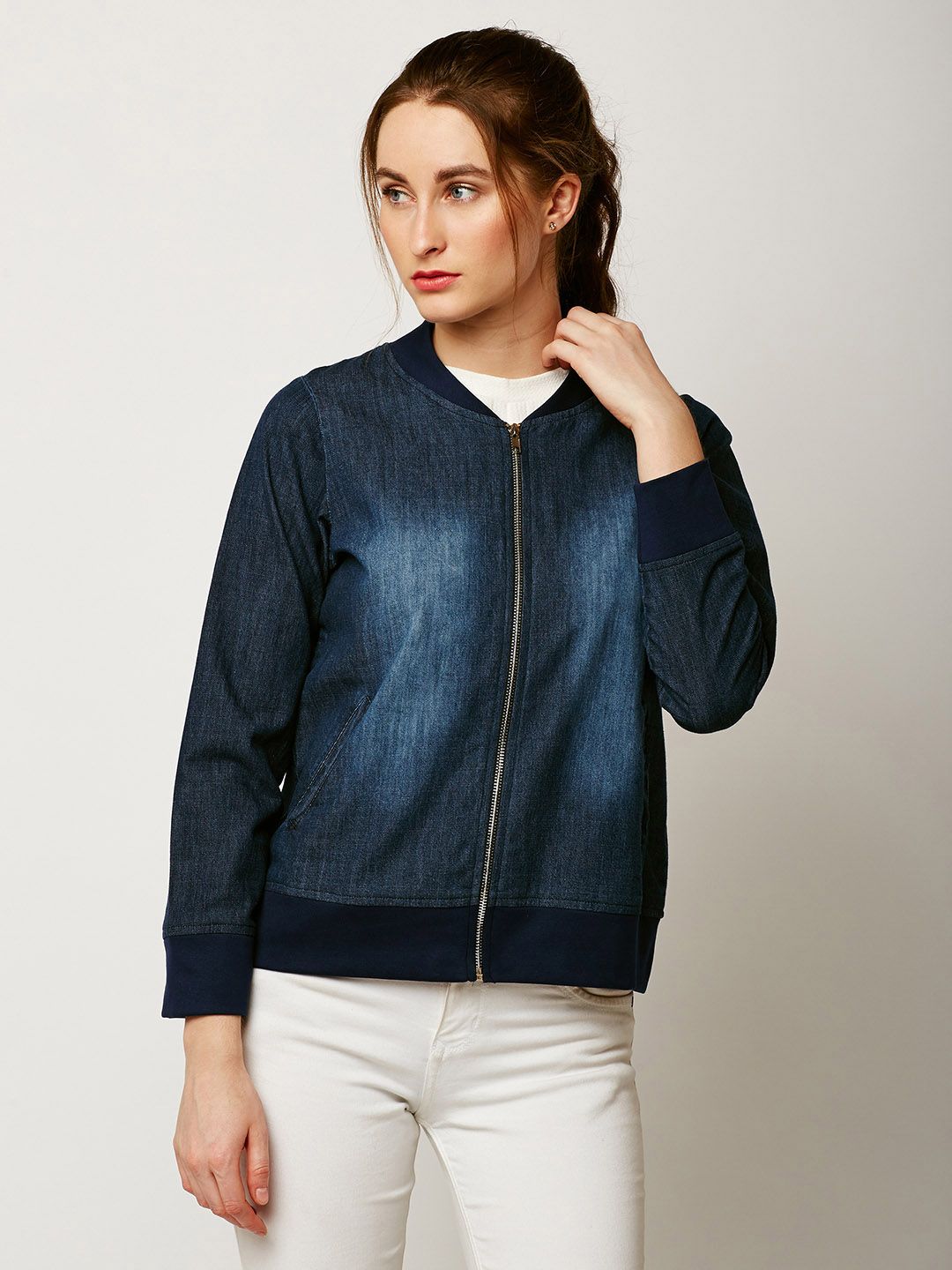 Miss Chase Women Navy Blue Solid Denim Bomber Price in India