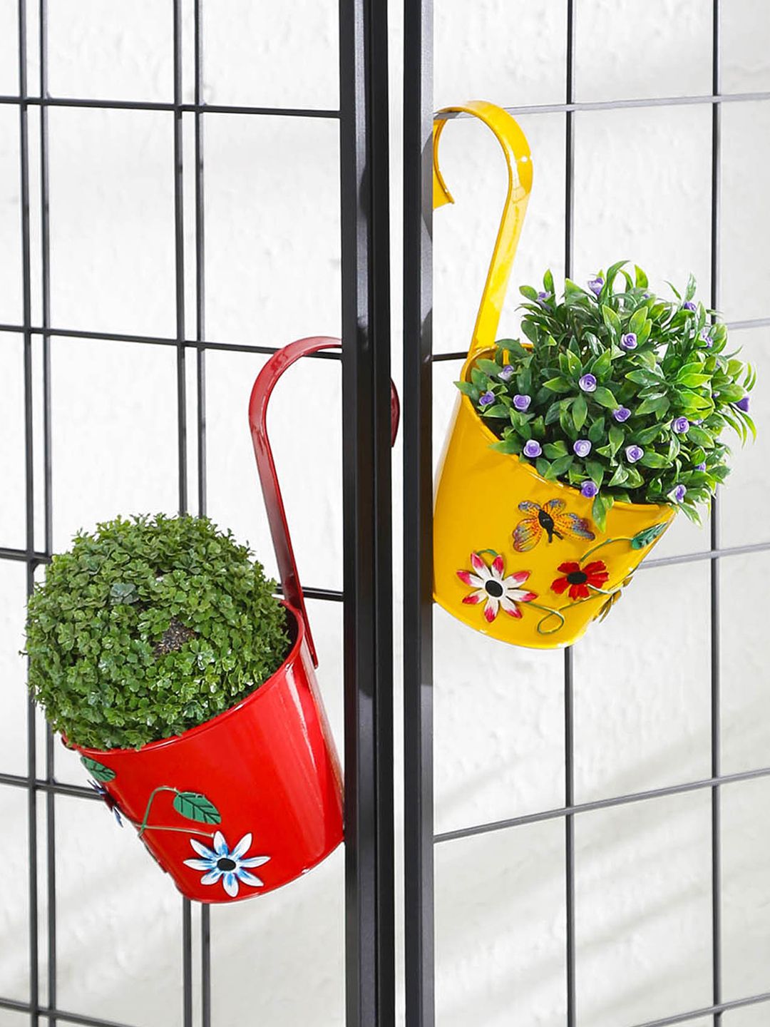 green girgit Set of 2 Yellow & Red Embossed Hanging Planters Price in India