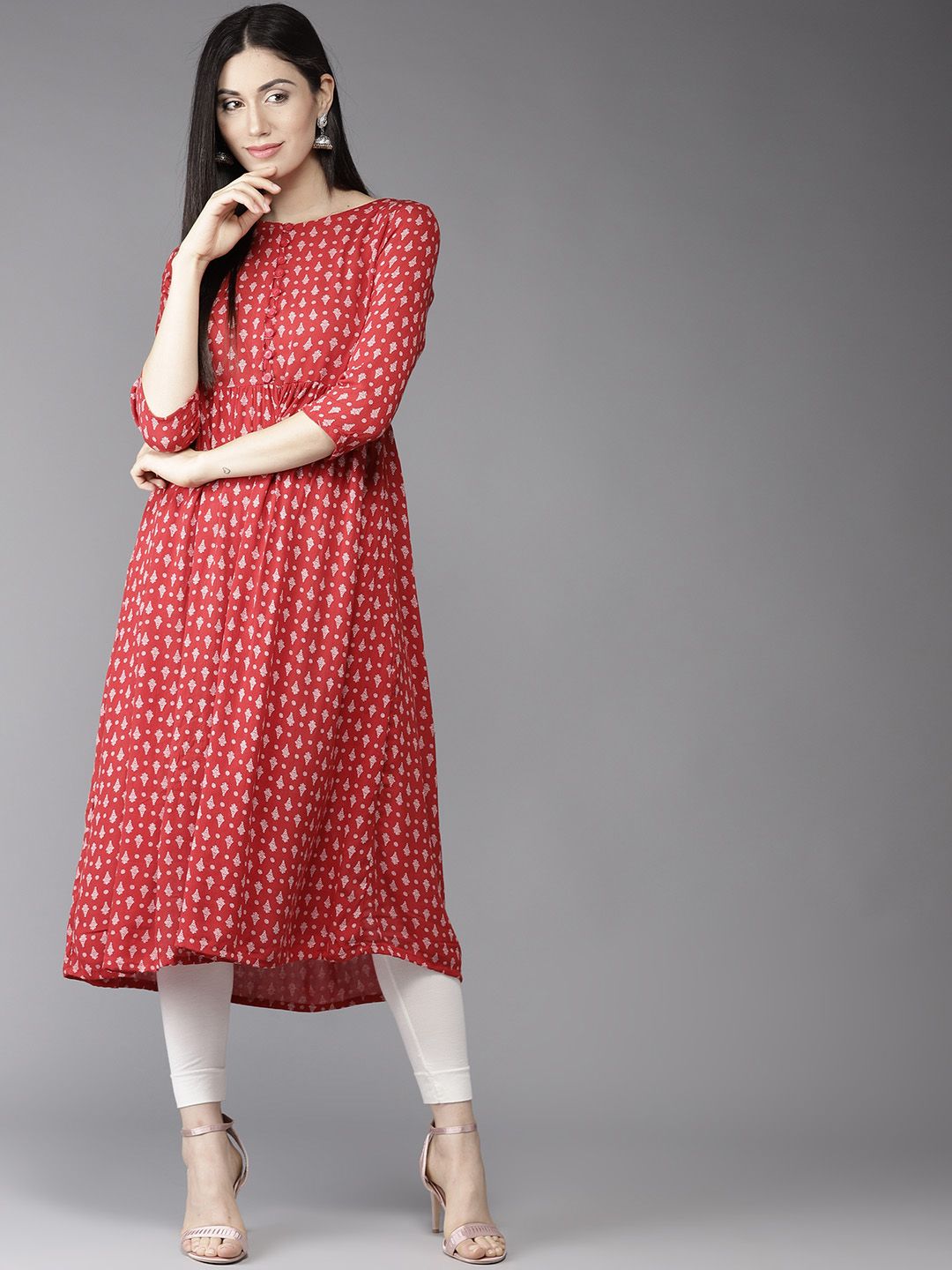 HERE&NOW Women Red & Off-White Printed A-Line Kurta Price in India