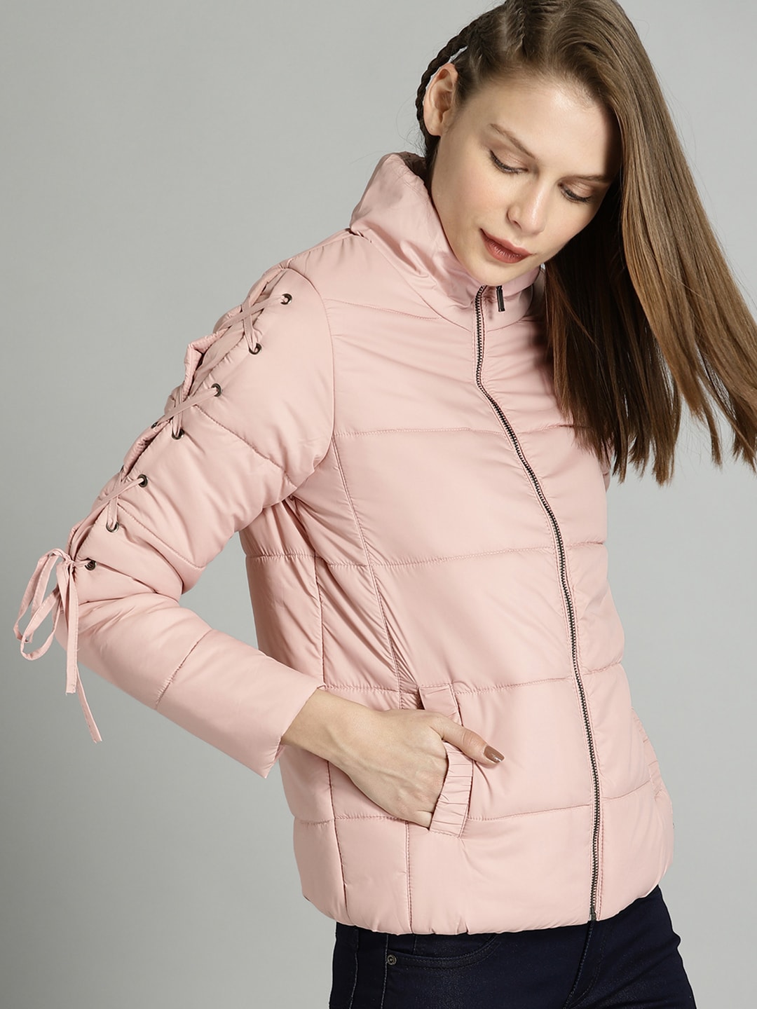 Roadster Women Peach-Coloured Solid Padded Jacket Price in India