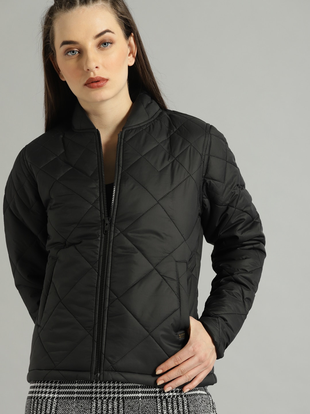 Roadster Women Black Solid Quilted Jacket Price in India