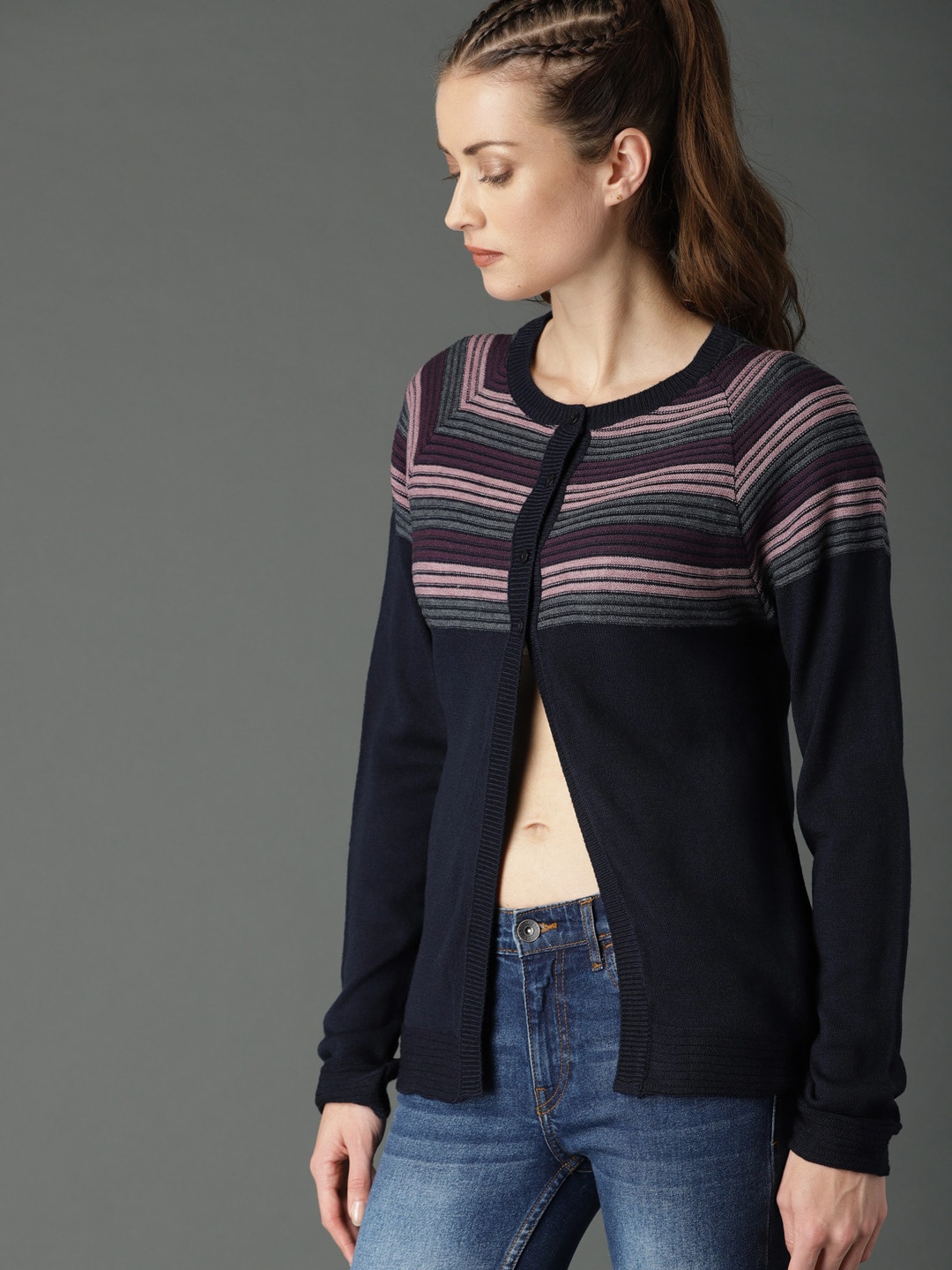 Roadster Women Navy Blue Striped Cardigan Price in India