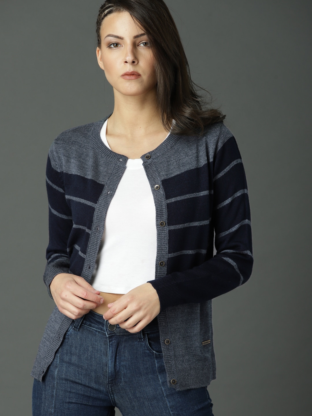 Roadster Women Navy Blue Striped Cardigan Price in India