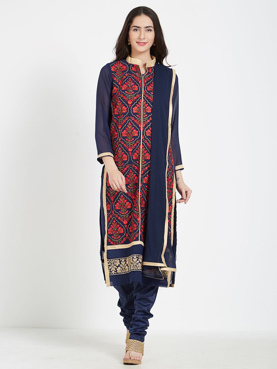 Kvsfab Navy Blue & Red Poly Georgette Unstitched Dress Material Price in India