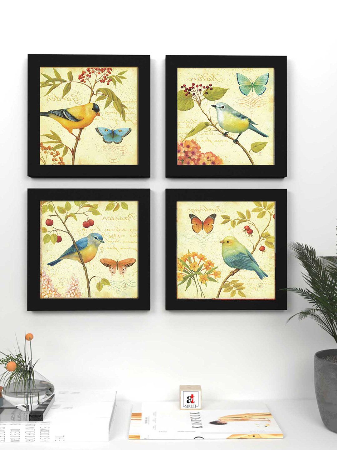 Wall Art Brown & Black Set of 4 Jardine Bird Wall Decor Art Price in India