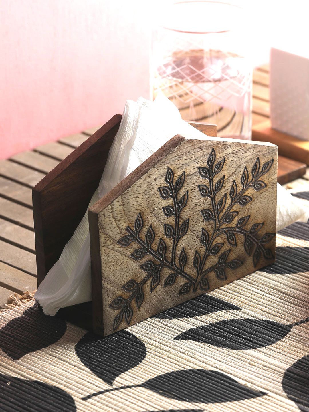 VarEesha Brown Printed Hand Made Flowery Vine Wooden Tissue Holder Price in India