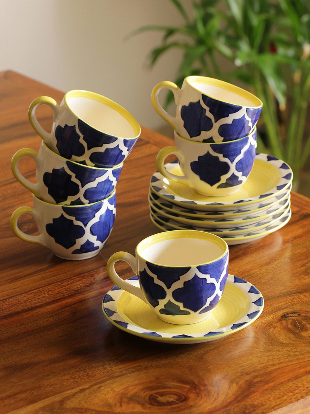 ExclusiveLane Set of 6 Blue Mediterranean High-Tea Handpainted Ceramic Cups & Saucers Price in India
