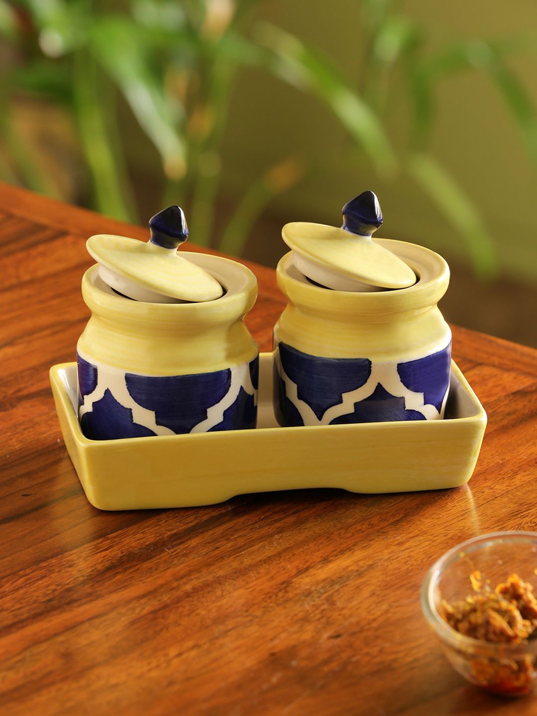 ExclusiveLane 'Pickled-Coupled' Handpainted Ceramic Pickle & Chutney Jars (Set Of 2) Price in India