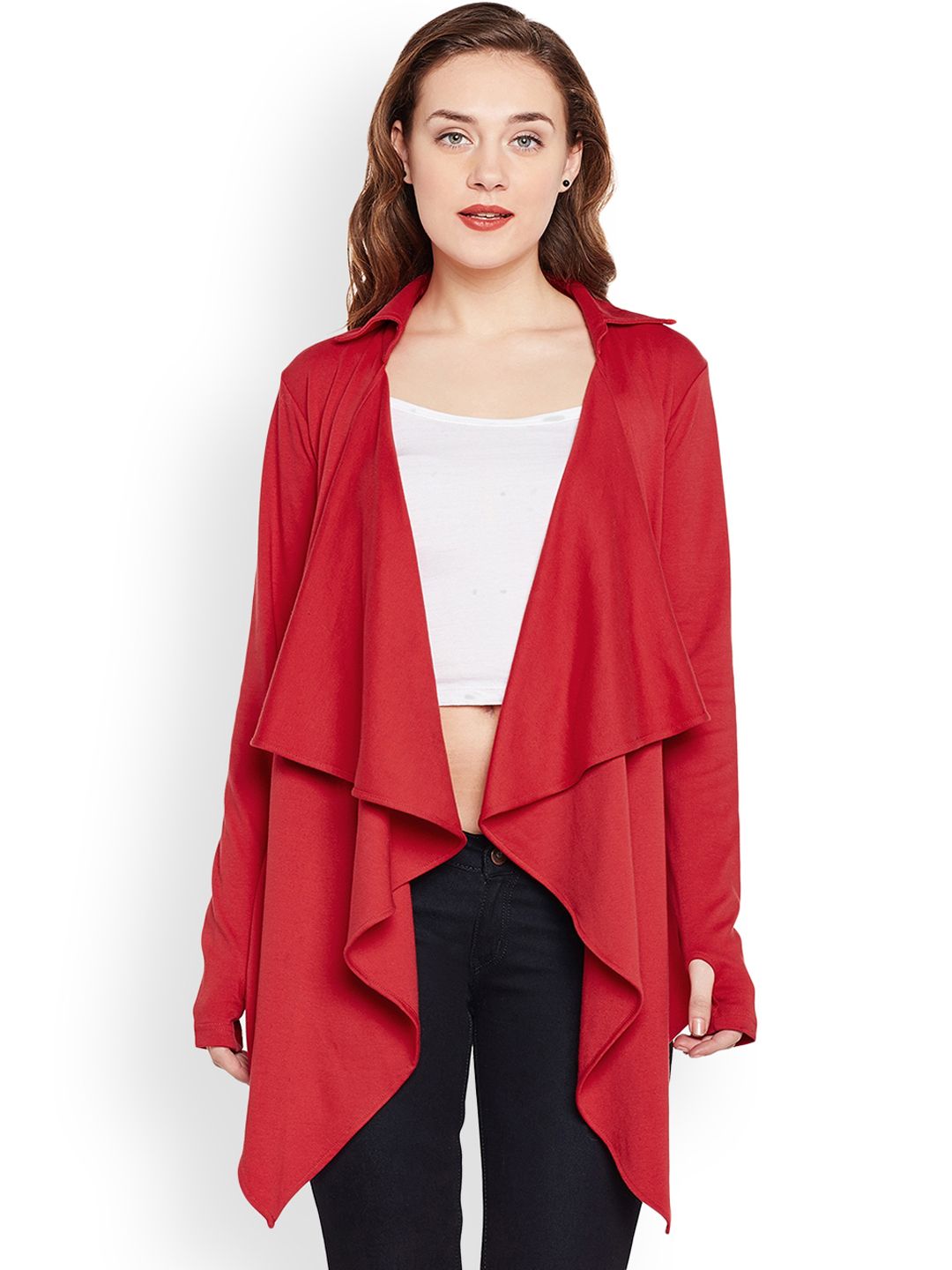 Hypernation Red Solid Open Front Shrug Price in India