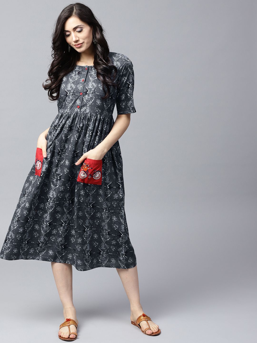 AKS Women Grey Printed Fit and Flare Dress