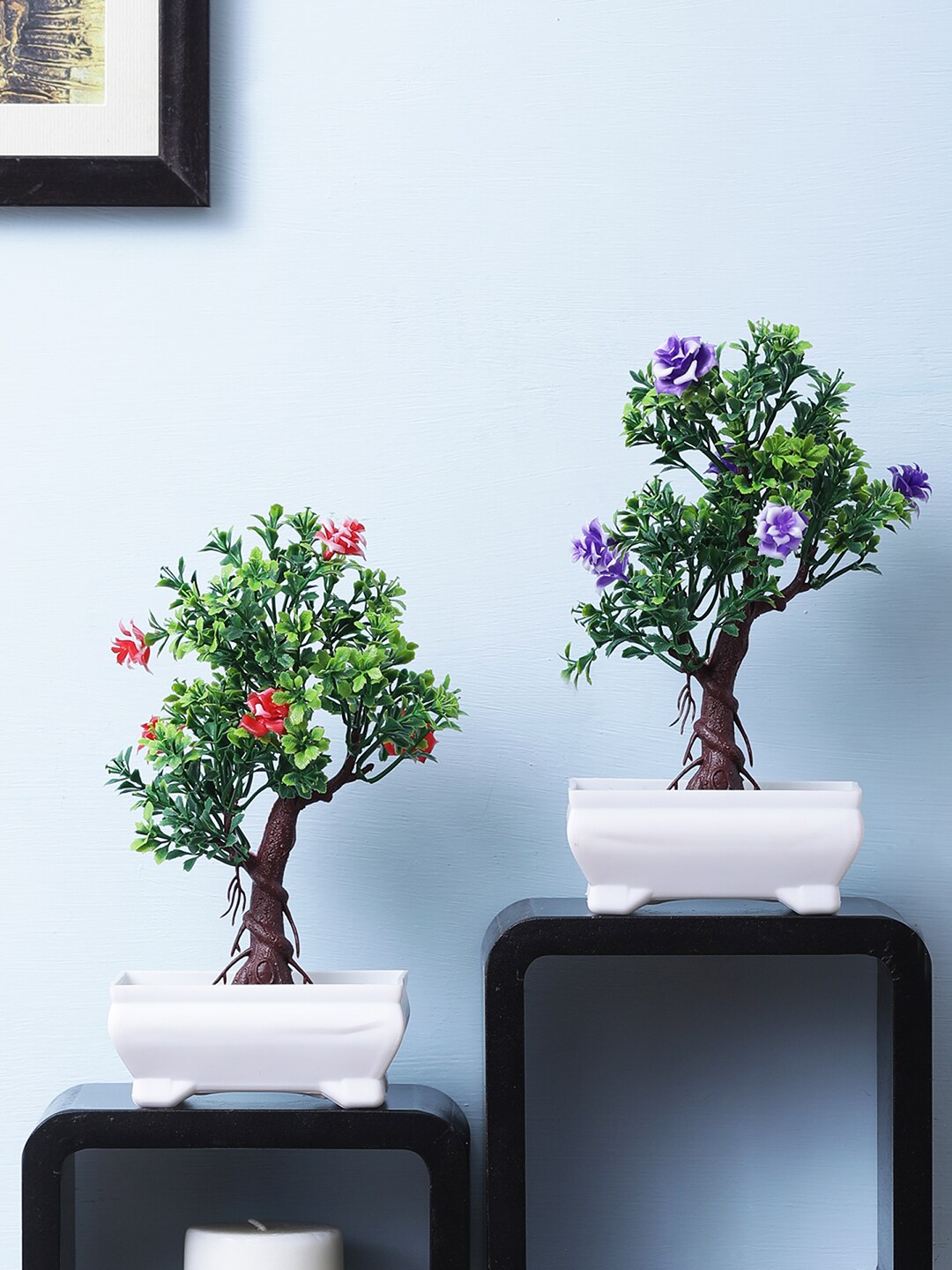 FOLIYAJ Set Of 2 Green, Purple & Red Artificial Bonsai Tree with Plastic White Pot Price in India