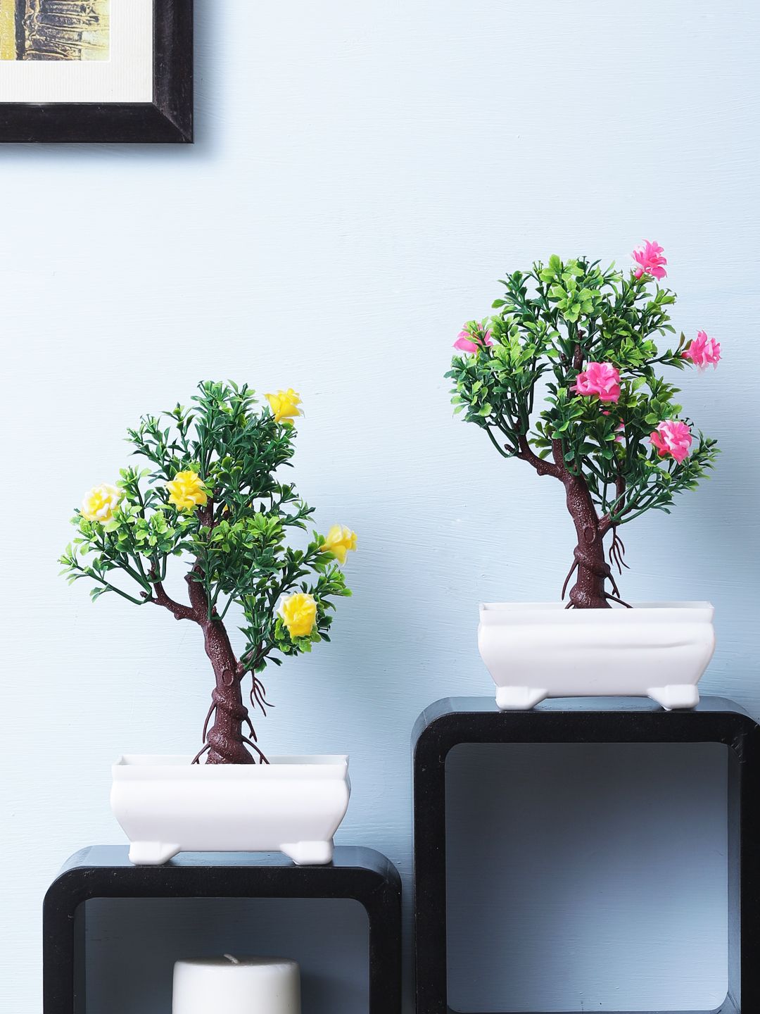 FOLIYAJ Set Of 2 Green, Pink & Yellow Artificial Bonsai Tree with Plastic White Pot Price in India