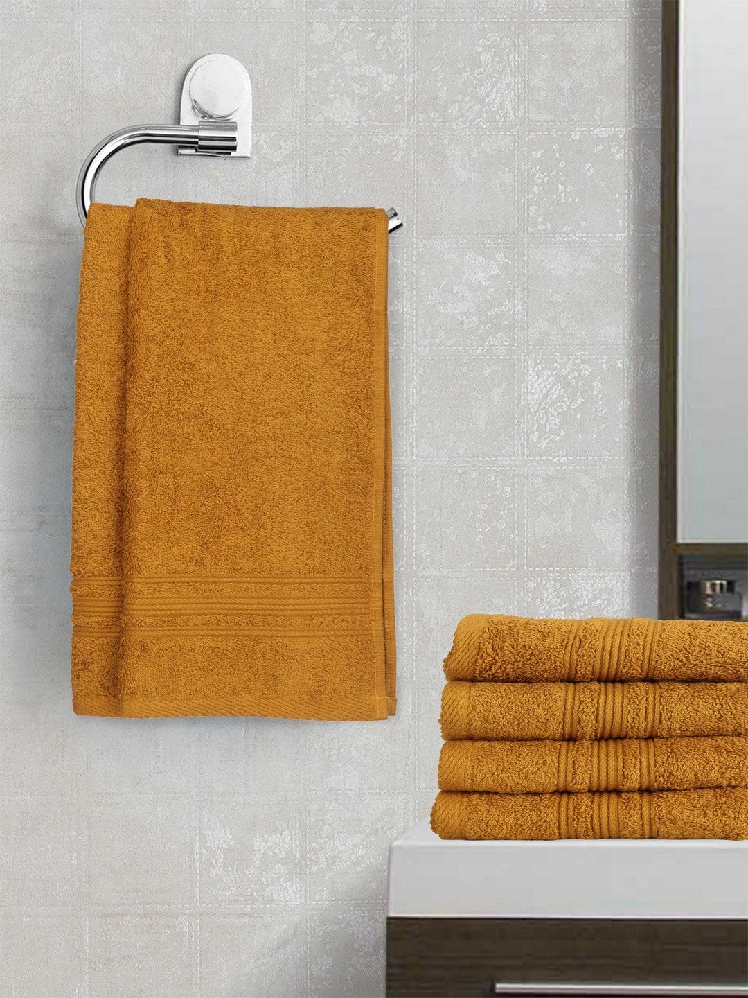 Lushomes Mustard Solid Set of 6 Cotton 450 GSM Hand Towels Price in India