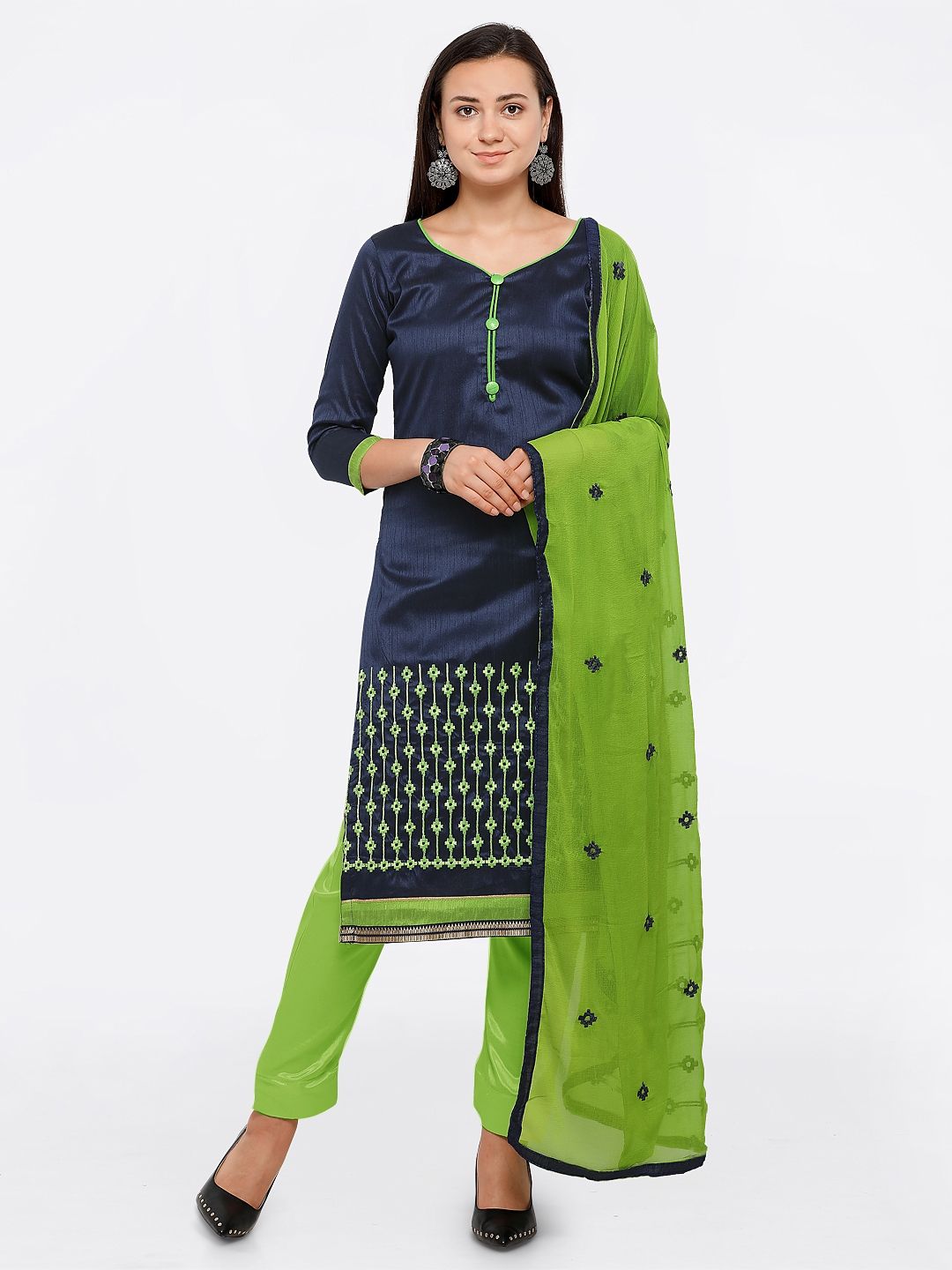 Saree mall Navy Blue & Green Cotton Blend Unstitched Dress Material Price in India