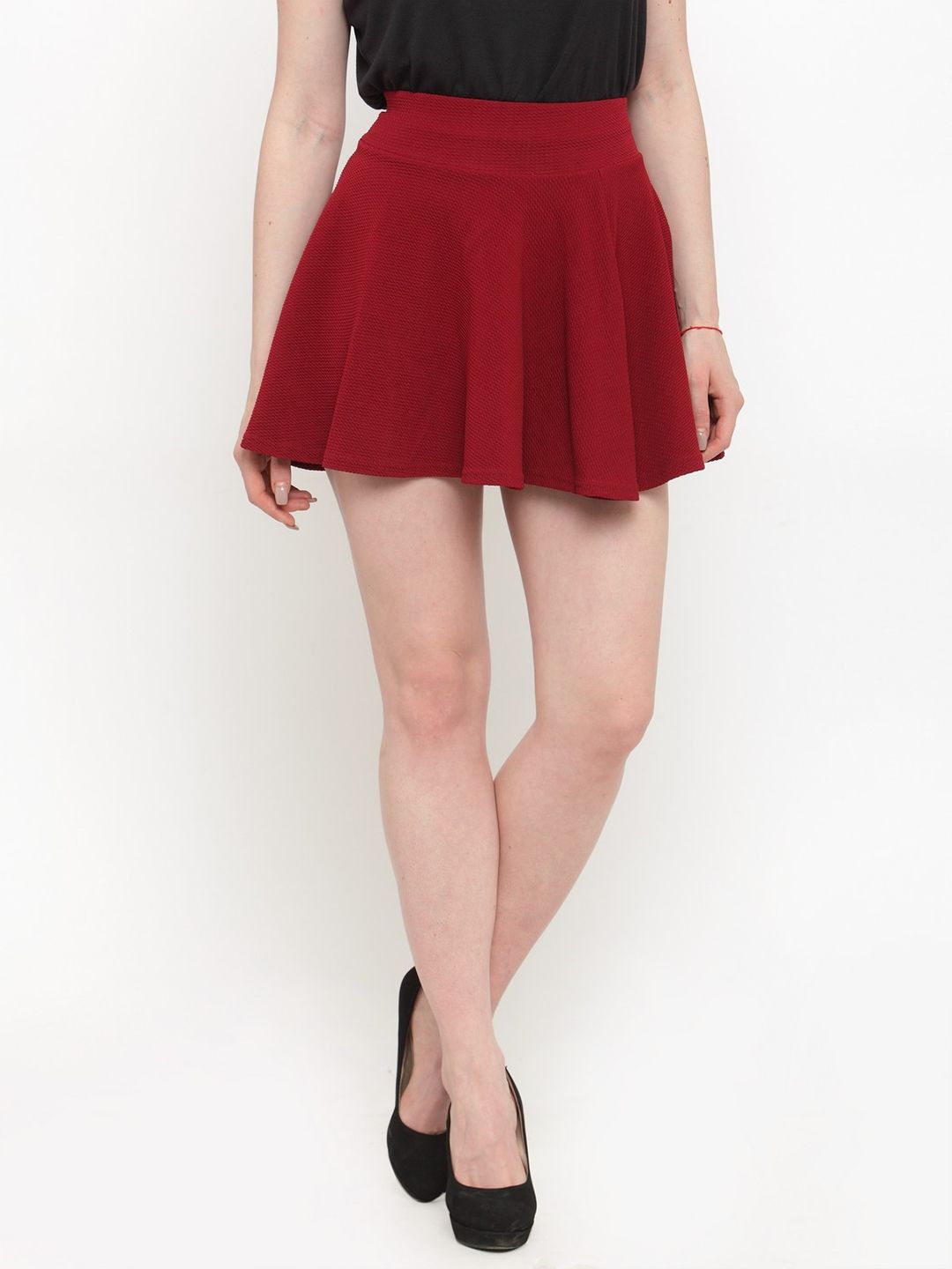 N-Gal Maroon Ruffle Knit Mini Skater Skirt