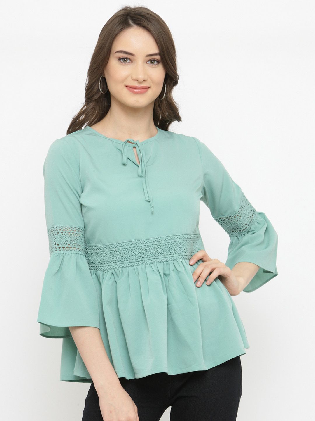 plusS Women Sea Green Self Design Peplum Top