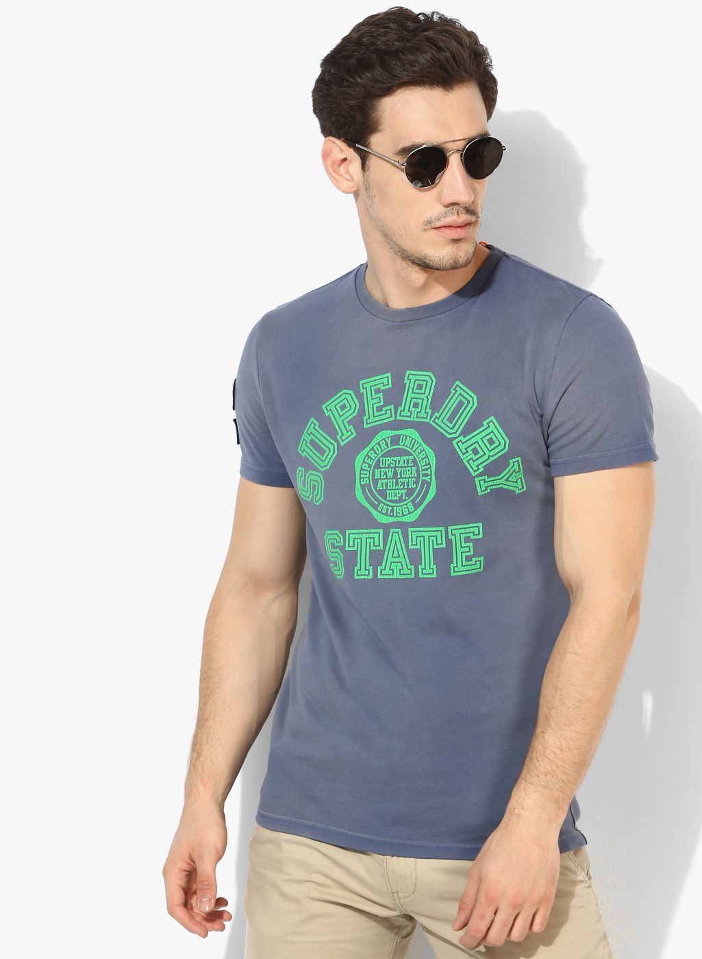 Superdry Blue Printed Slim Fit Round Neck T-Shirt