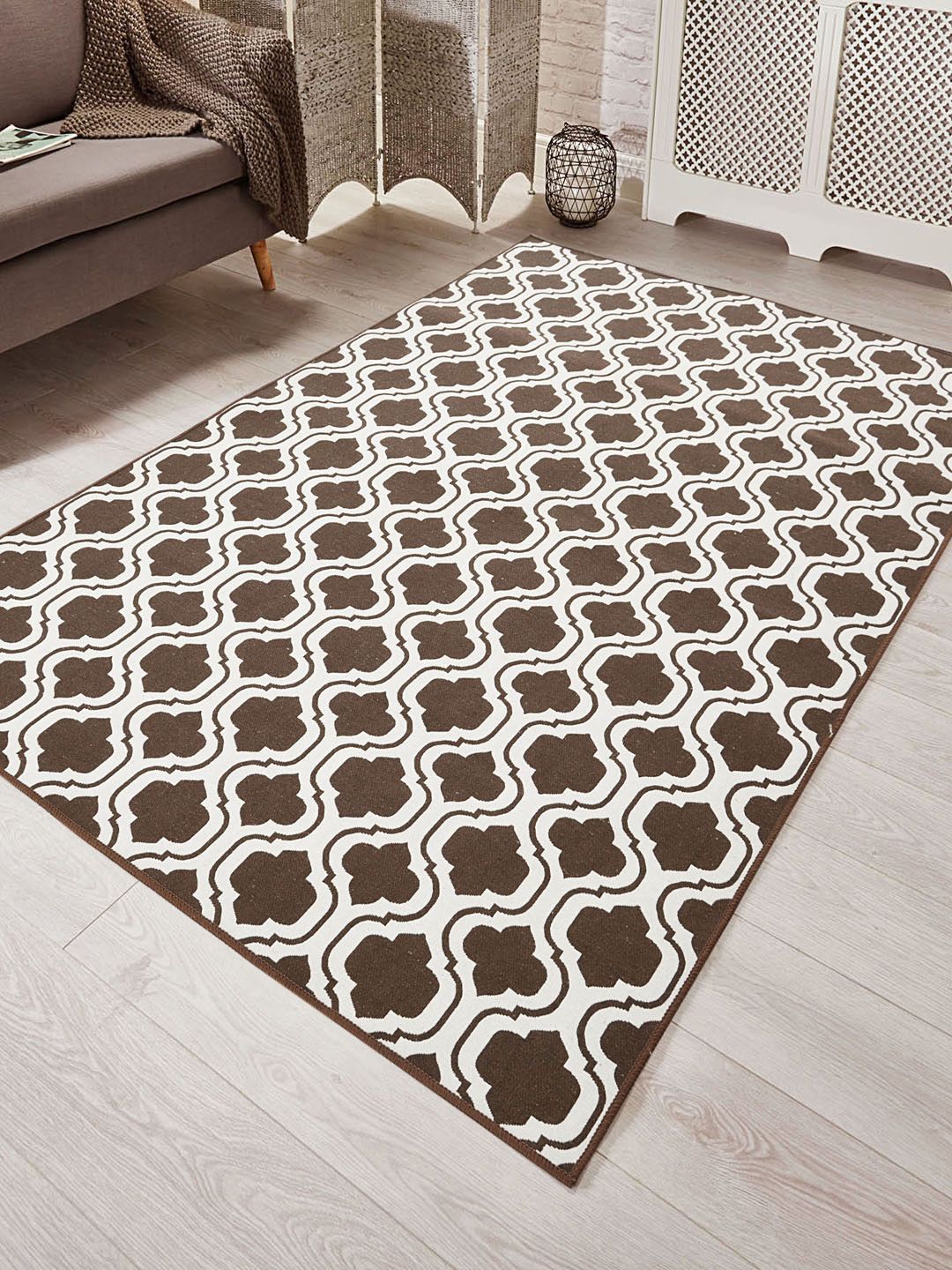 Saral Home Brown & White Geometric Print Carpet Price in India